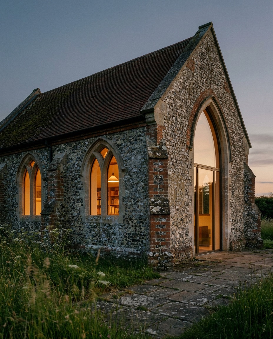 Victorian flint chapel conversion glowing at dusk